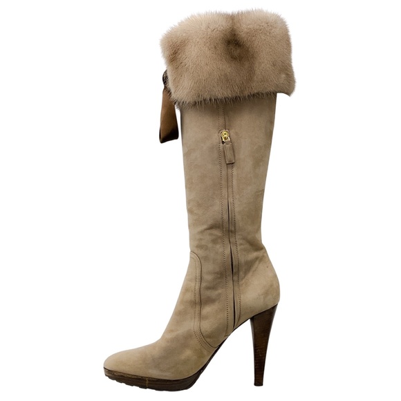 VALENTINO TAUPE MINK FUR TRIMMED SUEDE TALL BOOTS - Picture 3 of 8